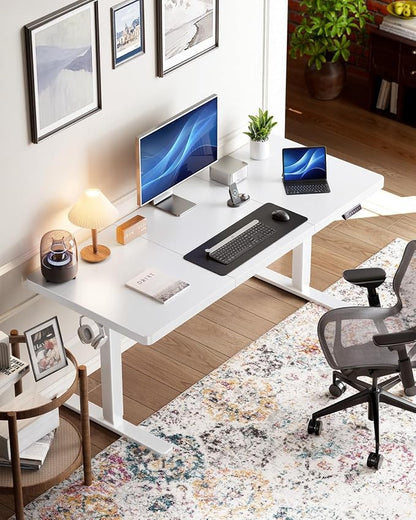 HUANUO 60 x 30 inch Large Standing Desk, Powerful Brushless Motor Large Height Adjustable Table, 4 Memory Preset Stand Up Work Station Sit Stand Desk, Home Office with Thick T-Shaped Frame,White