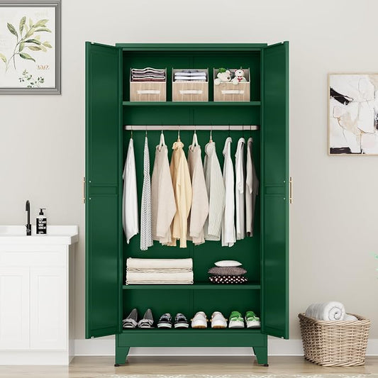 PAOFIN 71" Metal Armoire Wardrobe Closet, Bedroom Clothing Storage Cabinet with Hanging Rod, Freestanding Armoire Cabinet with Adjustable Shelves, Green