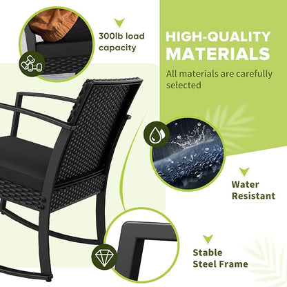 Black 3-Piece Resin Patio Bistro Set, Outdoor Rocking Chairs with Soft Cushions & Side Table, All Weather Furniture for Porch, Poolside, Balcony & Yard