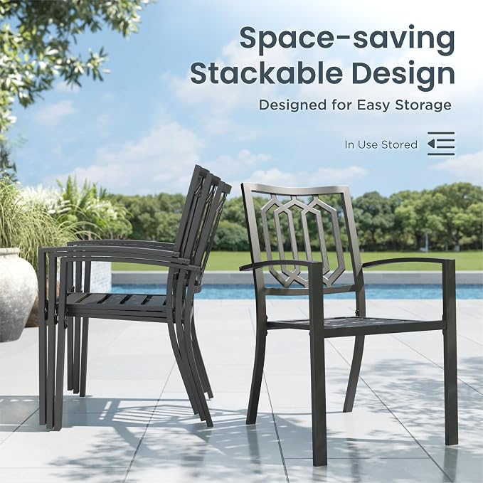 PHI VILLA 7 Pieces Outdoor Round Dining Set for 6, Wrought Iron Dining Circular Table with Umbrella Hole & Stackable Metal Steel Chairs, Large Dining Furniture Set for Patio, Deck, Yard, Porch