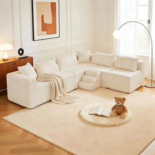 128" U-Shaped Modular Sofa, Modern Cloud Couch with Double Chaise, Sectional Boneless Couch with Pillows, Deep Seat Sofa for Living Room Bedroom, No Assembly Required, Khaki