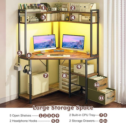 DurayLoly 63" Triangular Corner Desk with Hutch,Ample Storage for Small Room,Spacious 36" W Desktop,2 Fabric Drawers and Bottom Wooden Shelves,Versatile Computer Desk that Meets All Your Needs,Brown