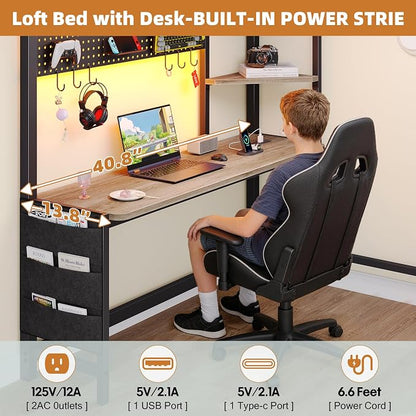 Dnxao Twin Loft Bed with Desk, Heavy Duty Twin Bed Frame with Integrated 6 Storage Drawers & DIY Pegboard, Smart LED Lights, Charging Station with Type-C, Space-Saving Workstation for Teens,Oak Gray
