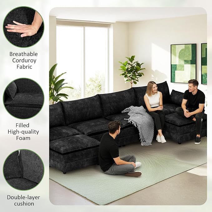 LEVELEVE 147" U-Shape Modular Sofa with 2 Ottomans, Deep Seat Cloud Convertible Sleeper, 2 Arm Pillows, Comfortable Large Upholstered Furniture for Living Room Apartment, Black