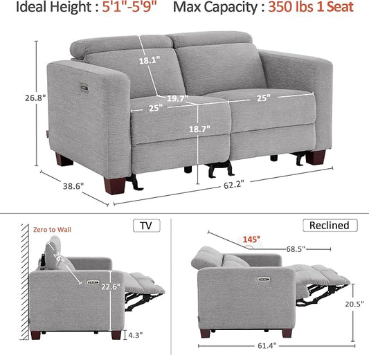 MCombo 62.2'' Reclining Loveseat, Wall Hugger Power Loveseat Recliner Sofa with Adjustable Headrest, USB A & C Charge Ports, Wood Legs, for Living Room (Fabric, HL198M1) (Grey)