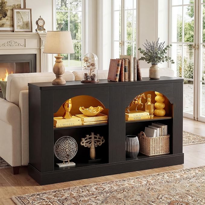 Unikito Entryway Table with LED Lights, 47" Farmhouse Console Table with Adjustable Shelves, Sofa Table Behind Couch, Sideboard Buffet Storage Cabinet for Entrance/Hallway/Living Room,Black