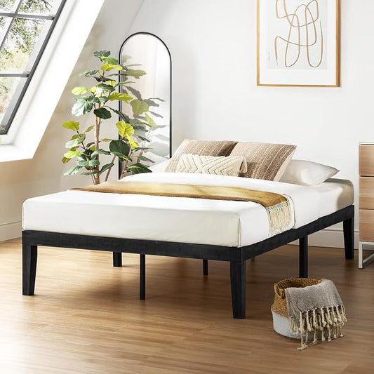 Mellow Naturalista Classic 16 Inch Solid Wood Platform Bed with Wooden Slats, Black, Queen