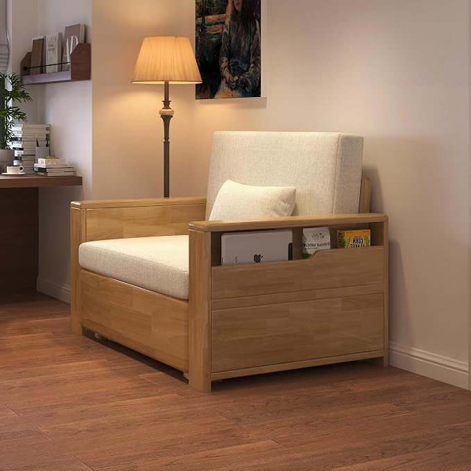 48" Natural Wood Tone Solid Wood Frame, 3-in-1 Sleeper Sofa with Storage | Solid wood sofa for living rooms, apartments & offices — single-size, it works as a guest bed to maximize small space.