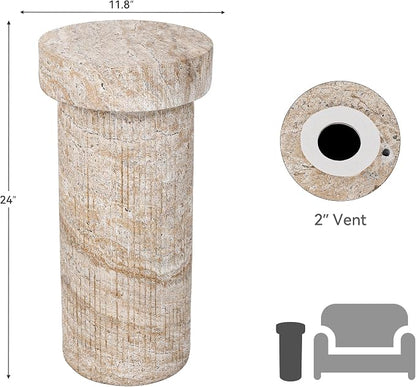 Side Table, 24" Travertine Pedestal End Table, 3-in-1 Durable Lightweight Outdoor Round Coffee Table, Decorative Patio Accent Table Fluted Garden Stool Art Decor for Balcony, Living Room, Beige