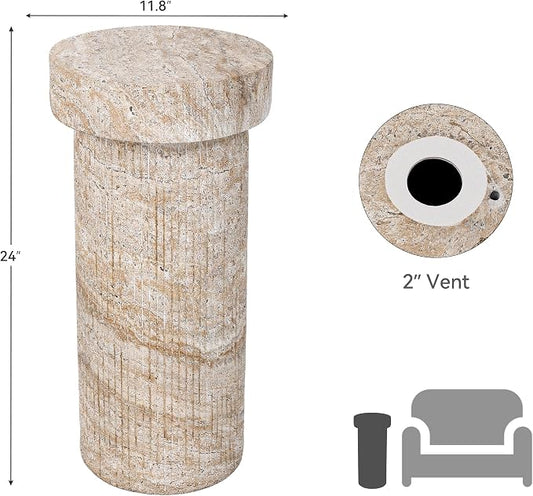 Side Table, 24" Travertine Pedestal End Table, 3-in-1 Durable Lightweight Outdoor Round Coffee Table, Decorative Patio Accent Table Fluted Garden Stool Art Decor for Balcony, Living Room, Beige