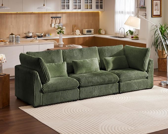 115" Oversized Corduroy Couch Modular Sectional Sofa, Washable Cloud Couch Sectional, 3 Seater Sectional Couches for Living Room, Fully Cover Removable, Basic 3 Seater, Corduroy, Green
