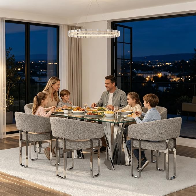 Modern Dining Chairs, Boucle Upholstered Dining Room Chairs, Grey Sherpa Barrel Armchair with Curved Backrest and Polished Silver U-Shaped Legs，Set of 6（Only Chairs）