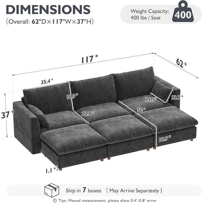 Ihanherry 117" Oversized Modular Sectional Sofa, Modern Cloud Couch with 3 Storage Ottoman, 6-Seat Comfy Chenille Deep Seat Sofa with 2 Pillows for Living Room, Grey