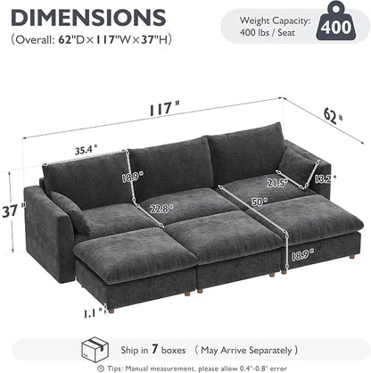 Ihanherry 117" Oversized Modular Sectional Sofa, Modern Cloud Couch with 3 Storage Ottoman, 6-Seat Comfy Chenille Deep Seat Sofa with 2 Pillows for Living Room, Grey