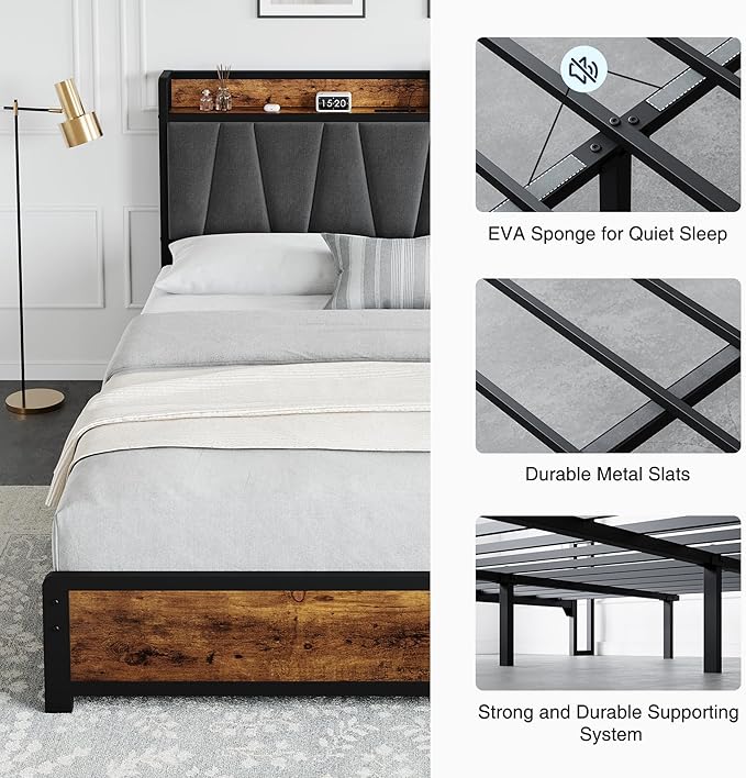 GarveeHome Queen Size Bed Frame with Storage Linen Upholstered Headboard, 4 Drawers Platform Bed Frame with Charging Station, No Box Spring Needed, Easy Assembly, Rustic Brown