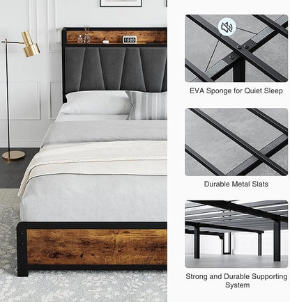 GarveeHome Queen Size Bed Frame with Storage Linen Upholstered Headboard, 4 Drawers Platform Bed Frame with Charging Station, No Box Spring Needed, Easy Assembly, Rustic Brown
