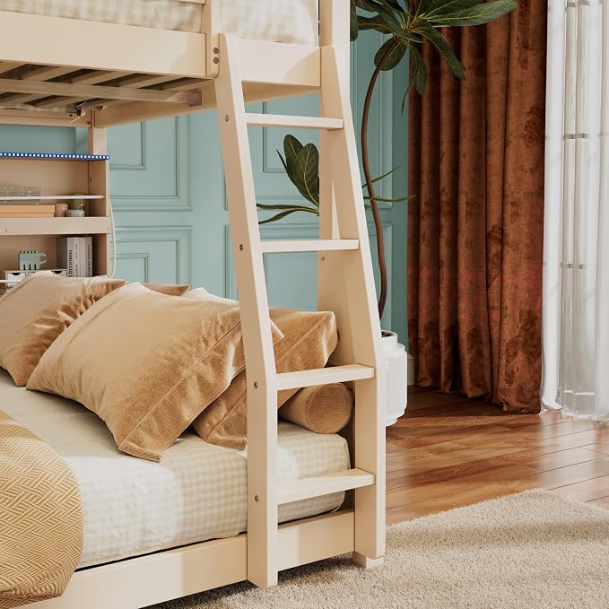 Merax Full Over Queen Bunk Bed,Wood bunk Bed with LED,Bed with Integrated Shelving, Color-Changing Lights and Pegboard, Full XL Over Queen, Beige