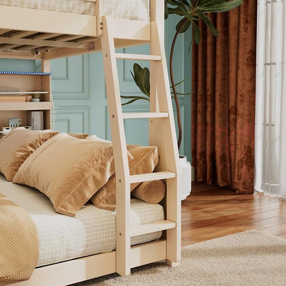 Merax Full Over Queen Bunk Bed,Wood bunk Bed with LED,Bed with Integrated Shelving, Color-Changing Lights and Pegboard, Full XL Over Queen, Beige
