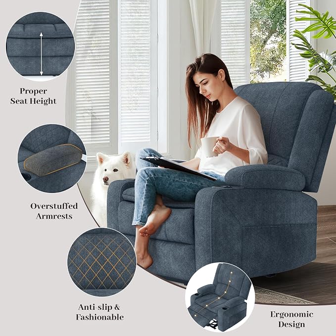 Yolsali Fabric Loveseat Recliner Sofa Set with 2-Tier Cushion, 2+1 Pieces in Living Room, 2 Seater Reclining Loveseat with Removable Console, 1 Oversize Recliner Chair Sofa Seat - Blue