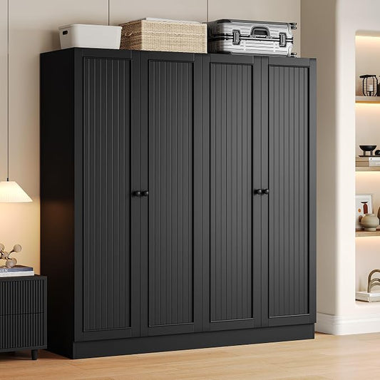iPormis 4 Doors Armoire Wardrobe Closet with 2 Drawers, 63" Large Wardrobe Cabinet with Removable Hanging Rods and Adjustable Shelves, Closet Storage Cabinet for Bedroom, Cloak Room, Black