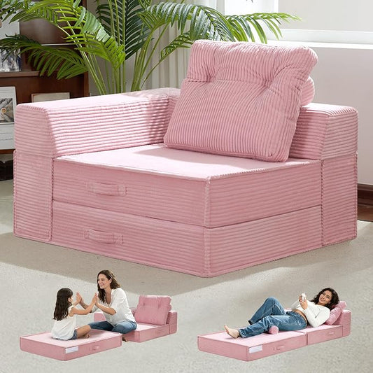 Folding Sofa Bed, 4 in 1 Convertible Sleeper Chair with Pillow, Standard Memory Foam Fold Out Chair Bed, Modern Floor Futon Sofa Couch Mattress for Living Room/Guest/Apartment, Pink