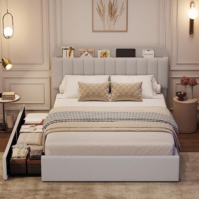 GarveeHome Queen Bed Frame with Storage Headboard, Girls Bed Frame with 2 Drawers, Boucle Upholstered Platform Bed with Bookcase, No Box Spring Needed, Easy Assembly, Grey