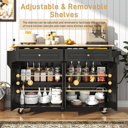 Hlivelood 59.1" Movable Kitchen Island with Drop Leaf and Power Outlet, Rolling Island Cart w/Storage Cabinet, Island Table on Wheels for Kitchen w/2 Drawers, Spice Rack, Towel Bar, Garage Hook, Black