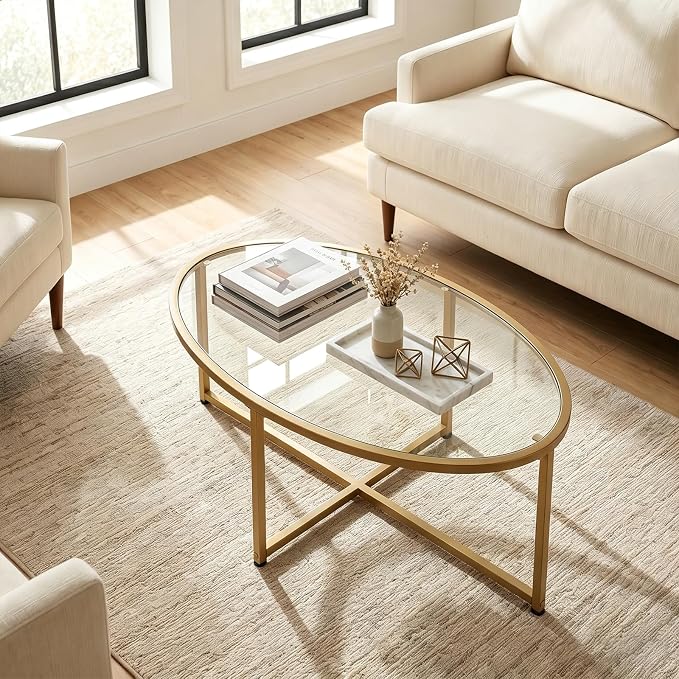 Wolawu Coffee Table Gold Oval Glass Coffee Tables for Living Room,Modern Gold Metal Frame Tea Tables for Small Space, Tempered Glass Top Center Table with Stable Cross Base for Bedroom, Office,Balcony