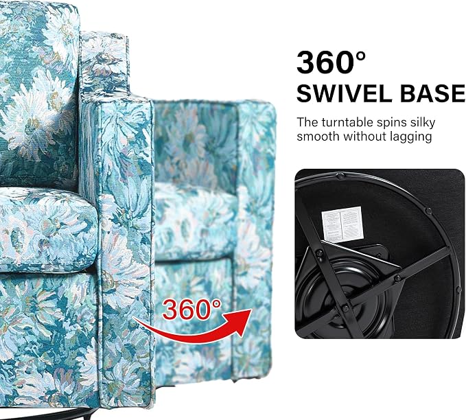 Swivel Accent Chair, Modern Round Barrel Arm Chair for Living Room, Bedroom, Comfy Club Reading Chairs for Adults (Cyan Blooms, Set of 1)
