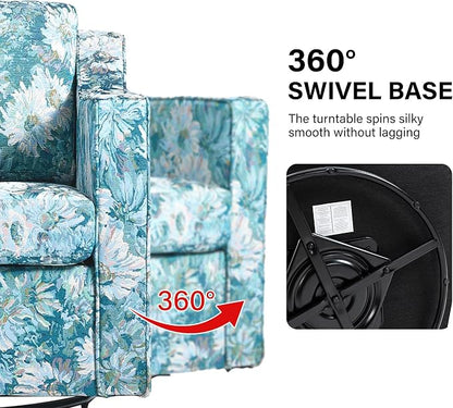 Swivel Accent Chair, Modern Round Barrel Arm Chair for Living Room, Bedroom, Comfy Club Reading Chairs for Adults (Cyan Blooms, Set of 1)