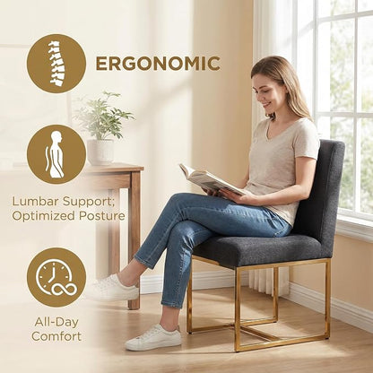 HNY Modern Dining Chairs Set of 2, Upholstered Linen Dining Room Chairs with Ergonomic Back & Polished Gold Metal Frame for Home, Kitchen, Apartment, Charcoal Black