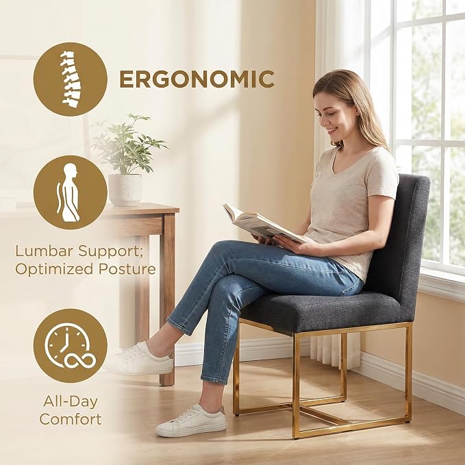 HNY Modern Dining Chairs Set of 6, Upholstered Linen Dining Room Chairs with Ergonomic Back & Polished Gold Metal Frame for Home, Kitchen, Apartment, Charcoal Black