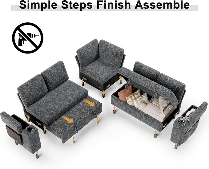 Vipbear Premium 86" Modular Sectional Sleeper Sofa, 5 Seat Sleeper Sofa with Pull Out Bed for Living Room, L Shaped Couch with Storage Chaise|USB Ports|Cup Holders|Storage Armrests|Side Table, Gray