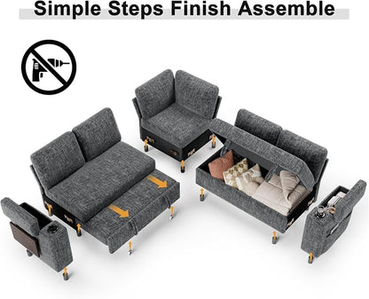 Vipbear Premium 86" Modular Sectional Sleeper Sofa, 5 Seat Sleeper Sofa with Pull Out Bed for Living Room, L Shaped Couch with Storage Chaise|USB Ports|Cup Holders|Storage Armrests|Side Table, Gray
