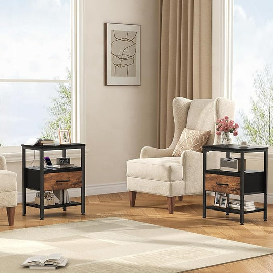 DUMOS Nightstand Set of 2 with Wireless Charging Station Bed Side Tables with Adjustable Fabric Drawers 3-Tier Storage End Tables Modern Design,Black and Brown