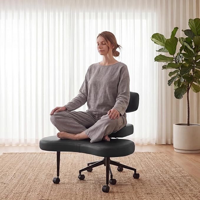 DUMOS Ergonomic ADHD Cross Legged Office Desk Chair with Adjustable Backrest, Height Adjustable Meditation Chair with 360° Swivel Footstool, PU Leather Yoga Stool for Home Office, Black