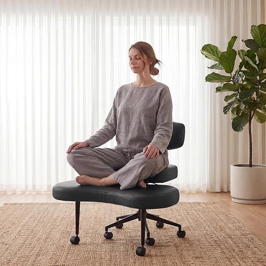 DUMOS Ergonomic ADHD Cross Legged Office Desk Chair with Adjustable Backrest, Height Adjustable Meditation Chair with 360° Swivel Footstool, PU Leather Yoga Stool for Home Office, Black