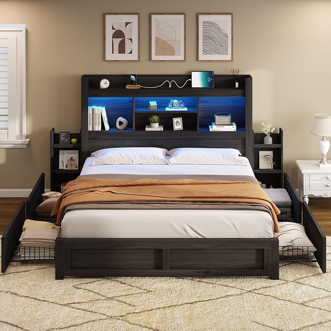 AMERLIFE Full Size Bed Frame with 4 Storage Drawers, LED Bed Frame with 49.6" Tall Bookcase Headboard, Wood Platform Bed with Charging Station & 2 Slide Bedside Shelf, No Box Spring Needed/Black