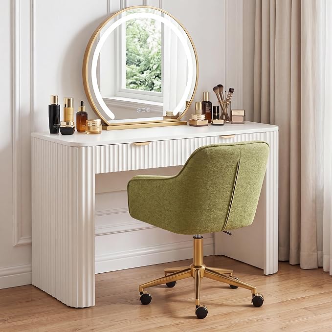 Zesthouse Vanity Chair with Wheels for Girl Women, Swivel Office Desk Chair | Green Chenille Rolling Office Chair with Arms & Gold Base, Upholstered Fabric Desk Chair for Bedroom, Height Adjustable Chair