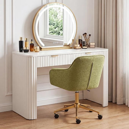 Zesthouse Vanity Chair with Wheels for Girl Women, Swivel Office Desk Chair | Green Chenille Rolling Office Chair with Arms & Gold Base, Upholstered Fabric Desk Chair for Bedroom, Height Adjustable Chair