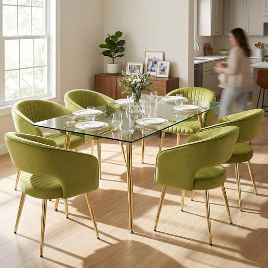 Hyfirm Green Velvet and Gold Dining Chairs, Set of 6 Modern Upholstered Arm Chairs with Hollow Backrest, Tufted Accent Side Chair with Sturdy Metal Legs for Dining Room, Living Room, Kitchen, Salon