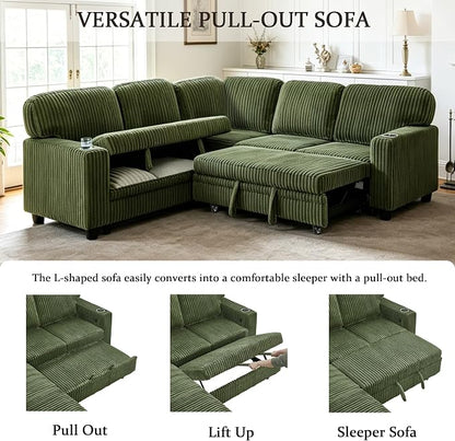Sectional Sleeper Sofa with Pull Out Bed, Plush Corduroy L-Shaped Couch with Storage, USB Ports, Cup Holders, Comfy Sectional Couches for Living Room, Apartment, Green