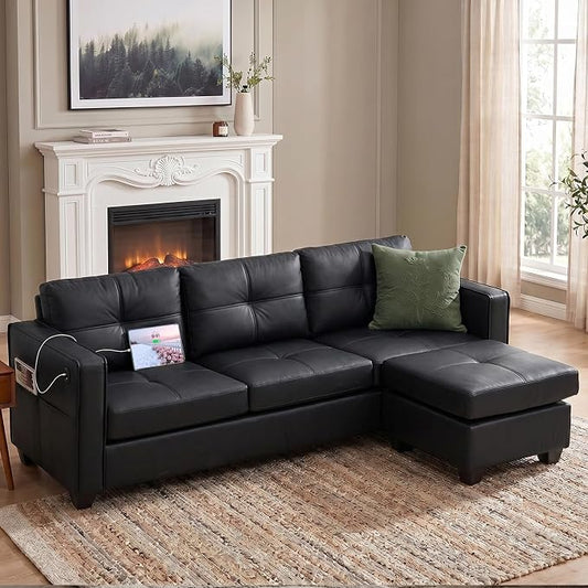 TYBOATLE Black Sectional Couches w/Side Pockets for Living Room, Comfy Faux Leather Modular Convertible L Shaped Sofas with USB & Ottoman, Leather Sectional for RV Apartment Office