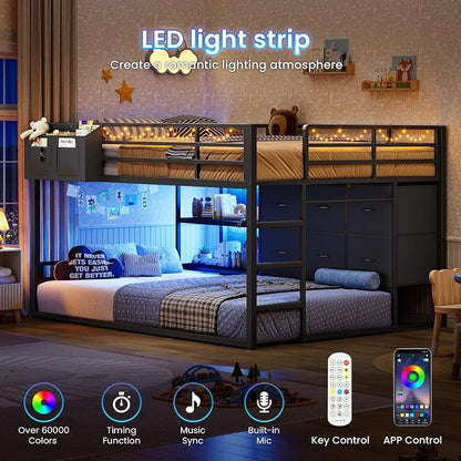 Full Over Twin Bunk Bed with 6 Drawers, Metal Frame Bunk Bed with LED Lights, Convertible Storage Bunk Bed with Extra-High Guardrails & Non-Slip Ladder, 2-Way Installation,for Teens, Black