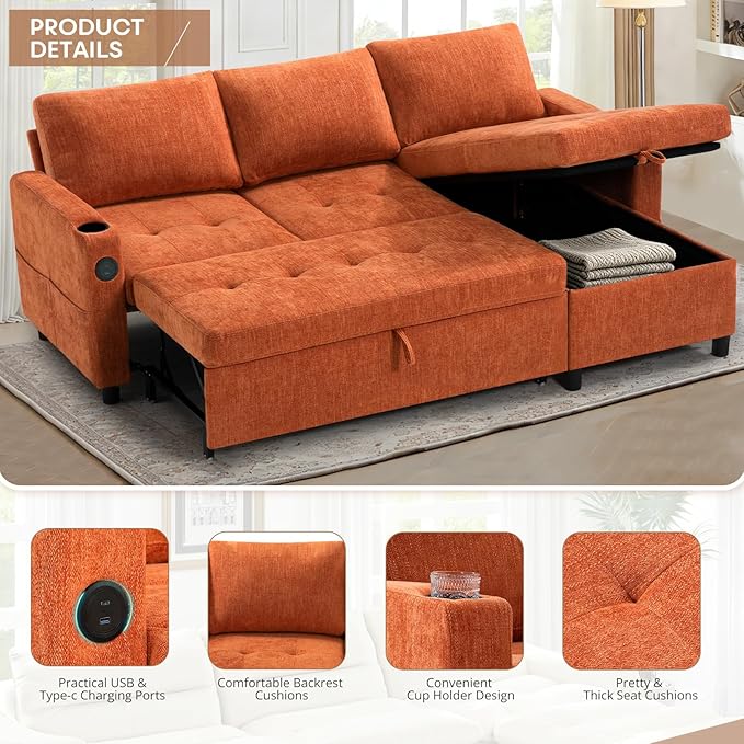 84" L-Shape Pull Out Sofa with 2 Storage Chaise, Orange | Chenille Sectional Sleeper Sofa w/Adjustable Backrest, Upholstered Reversible Couch Bed w/USB Port for Living Room, House