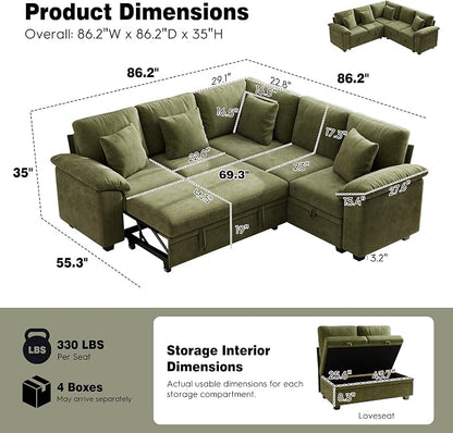Ihanherry 86" Modular Sectional Sofa with Pull Out Bed, 5-Seater L Shaped Sectional Sleeper Couch with Storage, Chenille Convertible Couches for Living Room, Apartment (Green)