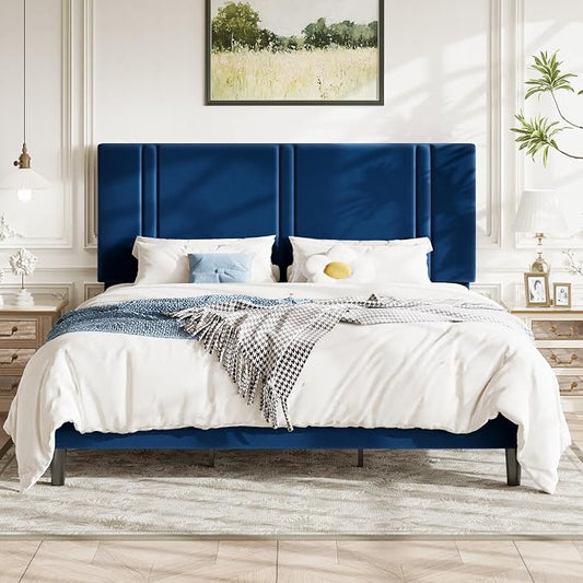 Allewie King Size Platform Bed Frame with Adjustable Headboard, Plush Velvet Upholstered, Vertical Channel Tufted, Sturdy Wooden Slats, No Box Spring Needed, Easy Assembly, Blue