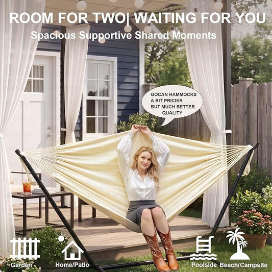 Double Hammock 500 lbs Load Capacity, Polyester Cotton Hammock, Suitable for Patio Porch, Garden and Backyard Relaxation, Indoor & Outdoor Use (Beige)