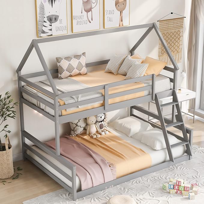 Merax House Floor Bunk Bed with Ladder Twin Over Full,Wood Low Bunk Bed for Kids Juniors, Space-Saving,No Box Spring Needed Gray