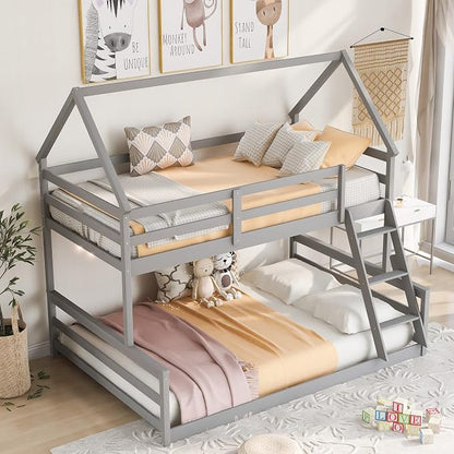 Merax House Floor Bunk Bed with Ladder Twin Over Full,Wood Low Bunk Bed for Kids Juniors, Space-Saving,No Box Spring Needed Gray
